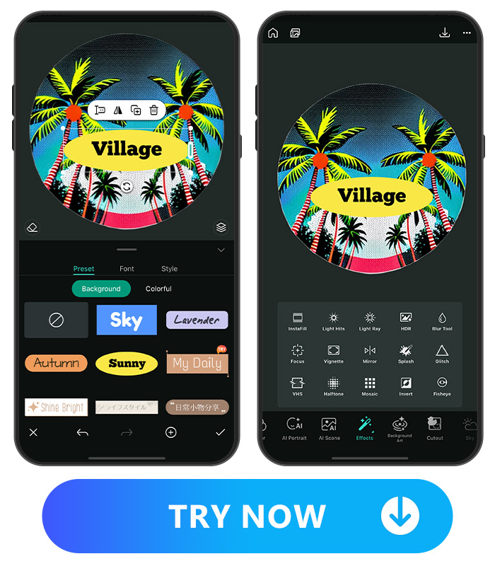 text feature UI of PhotoDirector at left and effect feature UI of PhotoDirector at right